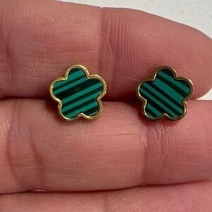 Green Striped Flower Stud Earrings - Gold Trim